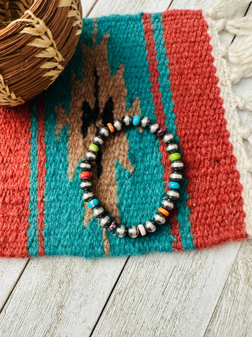 Navajo Multi Stone & Sterling Silver Pearl Beaded Stretch Bracelet
