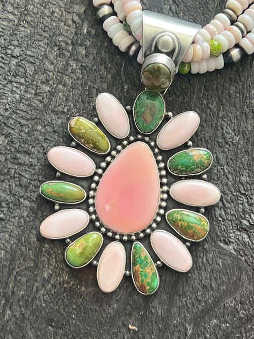 Handcrafted Sonoran Gold Turquoise, Sterling Silver and Pink Conch Cluster Pendant w/ Beaded Multistrand Necklace by Patrick Yazzie