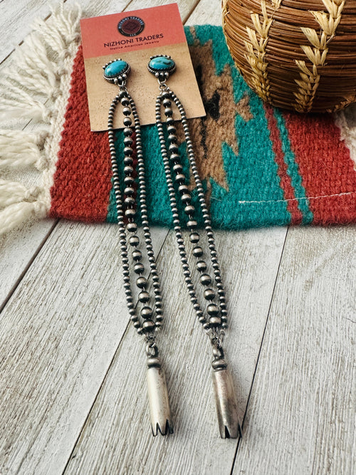 Handcrafted Turquoise & Sterling Silver Pearl Beaded Blossom Dangle Earrings