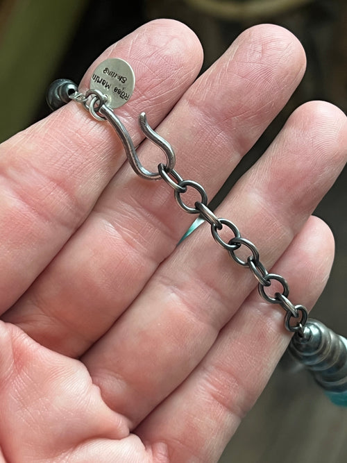 Handcrafted Sterling Silver and Kingman Turquoise Handmade Beaded Necklace by Rose Martin, 24 + 1-1/2 inches