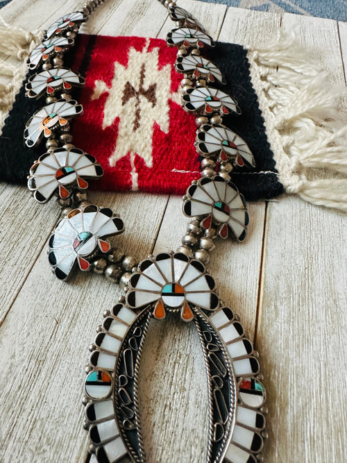 Vintage Old Pawn Sunface Multi Stone & Sterling Silver Beaded Squash Blossom Necklace