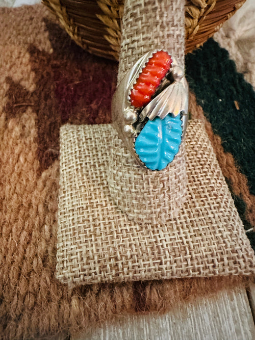 Old Pawn Handcrafted Turquoise, Coral & Sterling Silver Ring Size 8.75