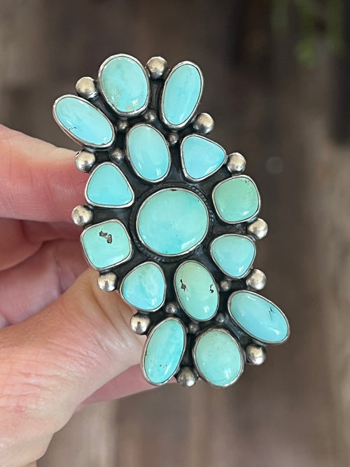 Old Pawn Navajo Sterling Silver and Dry Creek Turquoise Cluster Ring by Verdy Jake, Adjustable