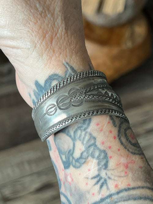 Hand Forged Old Pawn Sterling Silver Repousse Ingot Cuff Bracelet by Santa Fe Artist, Buffalo, The Monsoon