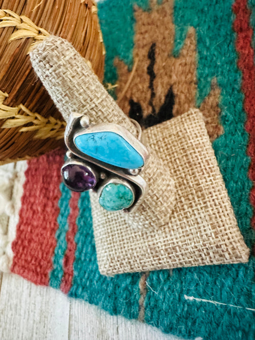 Old Pawn Navajo Sterling Silver, Turquoise & Amethyst Adjustable Ring