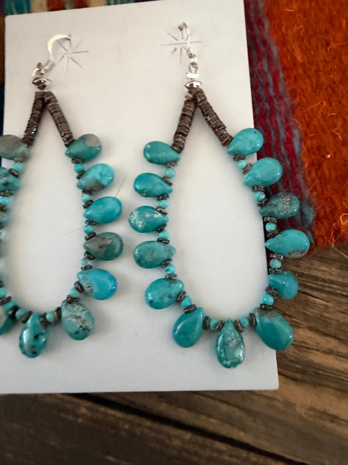 Handcrafted Heishi Shell & Turquoise Beaded Dangle Hoop Earrings
