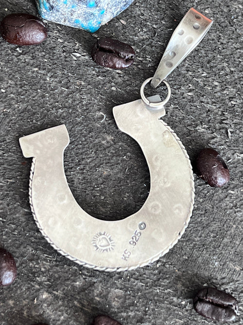 Kimari Somers Hand Stamped Sterling Silver Sonoran Desert Horseshoe Pendant with Brass & Royston Turquoise