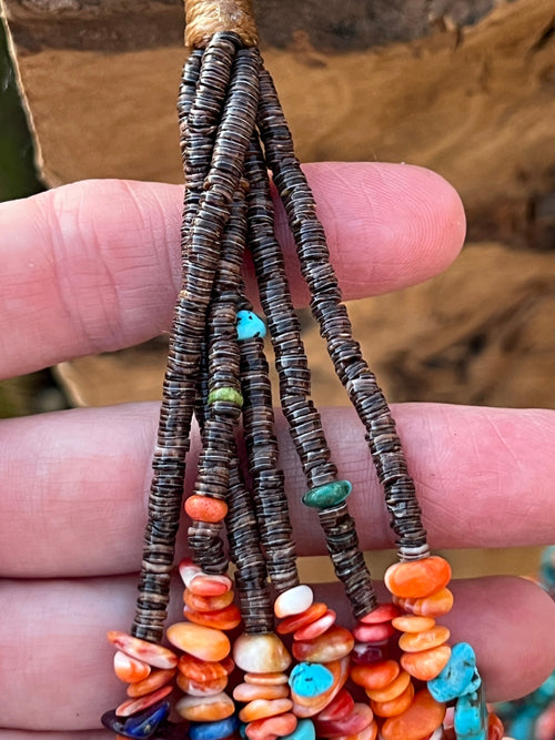 Gorgeous Santo Domingo Made Six Strand Spiny Oyster and Turquoise Beaded Squaw Wrap Necklace, No Tabs