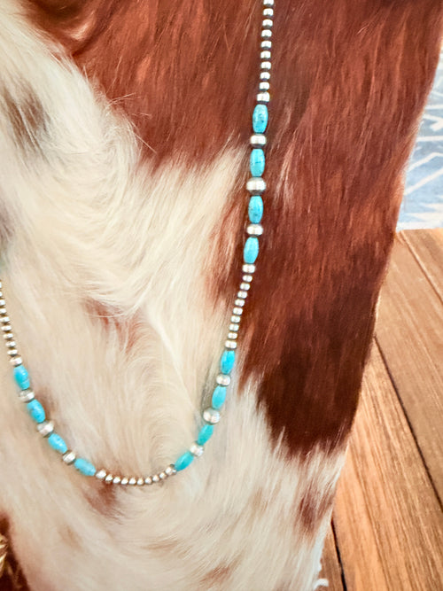 Handcrafted Turquoise & Sterling Silver Pearl 24” Beaded Necklace