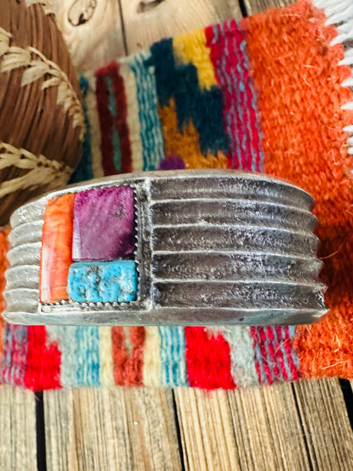 Handcrafted Old Pawn Turquoise, Spiny & Sterling Silver Inlay Cuff Bracelet by Raymond Betsoi
