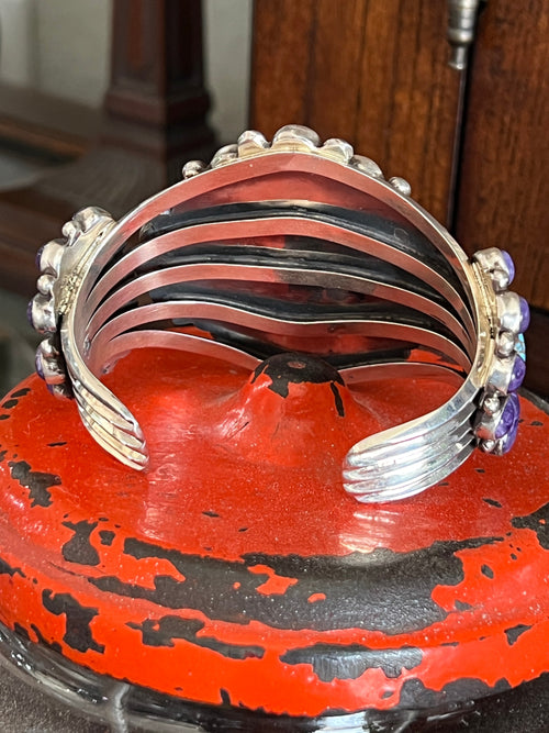 Handcrafted Sterling Silver, Charoite and Golden Hills Turquoise Cluster Cuff Bracelet by Tyler Brown /