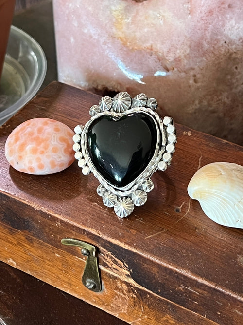 Apache Sterling Silver and Black Onyx Heart Ring by Rosella Paxson, Size 9.5