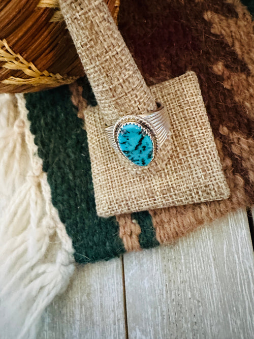 Old Pawn Handcrafted Turquoise & Sterling Silver Ring Size 12