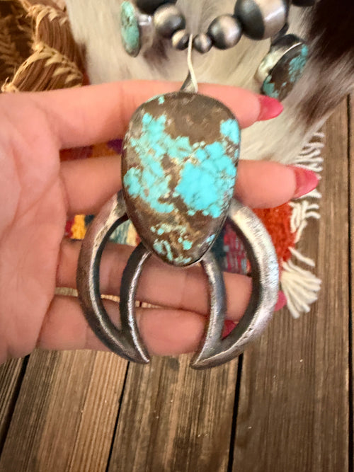 Handcrafted Number 8 Turquoise & Sterling Silver Beaded Squash Blossom Necklace by Chimney Butte
