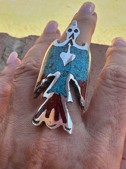 Old Pawn Navajo Coral and Turquoise Chip Inlay Waterbird Ring Size 13.5