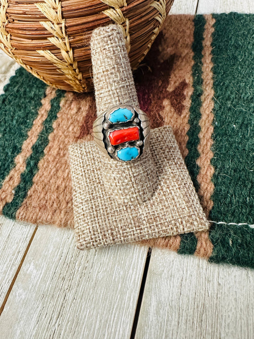 Old Pawn Handcrafted Turquoise, Coral & Sterling Silver Ring Size 8.5