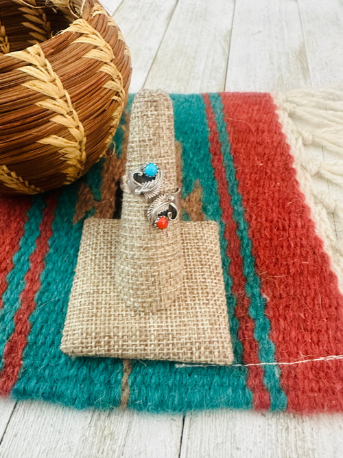 Old Pawn Navajo Sterling Silver, Turquoise & Coral Adjustable Ring