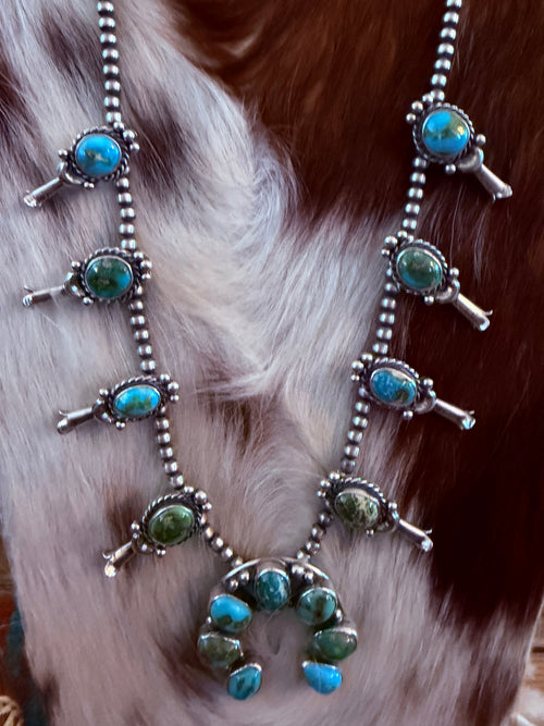 Handcrafted Sonoran Mountain Turquoise & Sterling Silver Squash Blossom Necklace and Earring Set