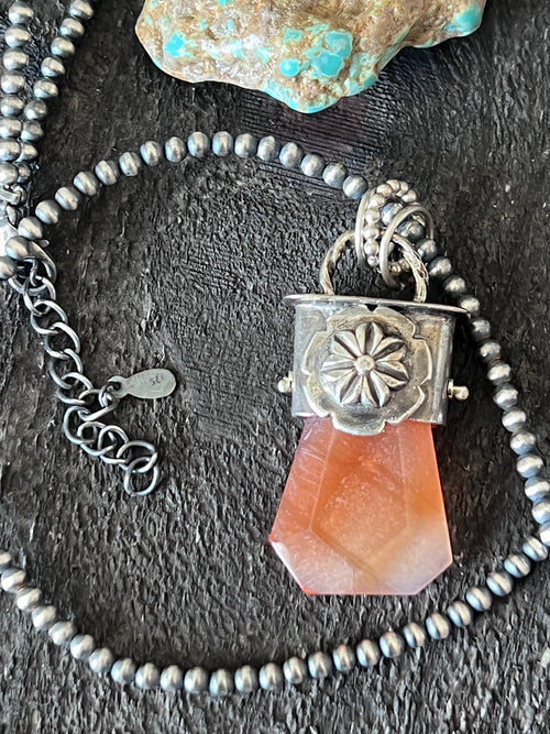 Sterling Silver Gem Collector 30” + 2” Beaded Necklace w/ Red Botswana Agate & Rosette Pendant
