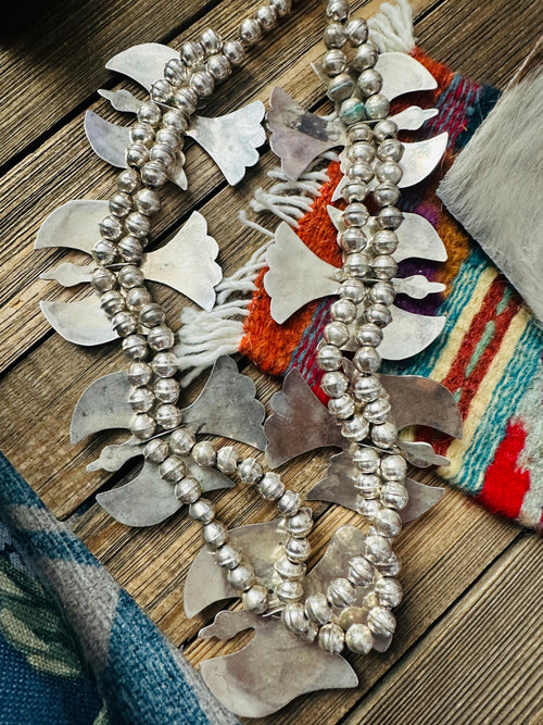 Old Pawn Handcrafted Turquoise, Coral & Sterling Silver Beaded Waterbird Necklace