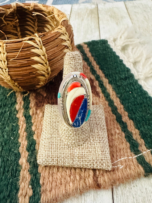 Old Pawn Handcrafted Multi Stone & Sterling Silver Inlay Adjustable Ring by Ken Romero