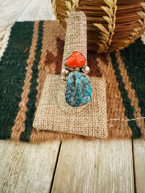 Old Pawn Handcrafted Turquoise, Coral & Sterling Silver Ring Size 10.25