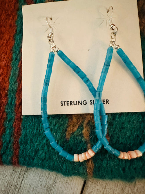 Navajo Turquoise, Shell & Sterling Silver Pearl Beaded Hoop Earrings