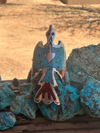 Old Pawn Navajo Coral and Turquoise Chip Inlay Waterbird Ring Size 13.5