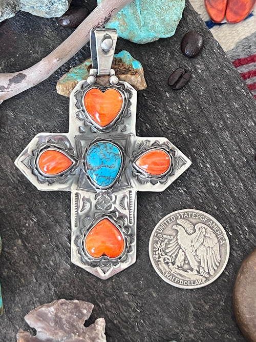 Hand Stamped Sterling Silver, Kingman Turquoise & Spiny Oyster Cross Pendant by Kimari Somers