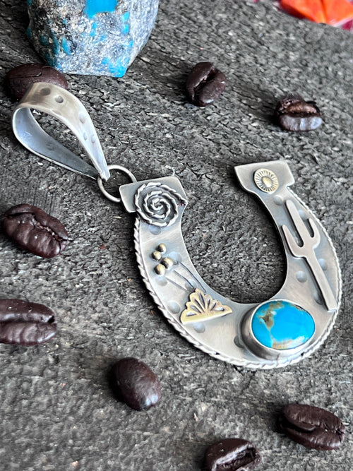 Kimari Somers Hand Stamped Sterling Silver Sonoran Desert Horseshoe Pendant with Brass & Royston Turquoise