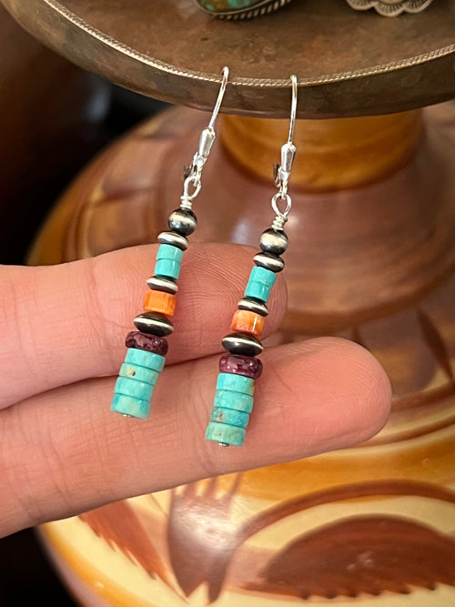 Navajo Made Sterling Silver Summer Lovin’ Turquoise and Spiny Oyster Beaded Drop Earrings, Leverbacks