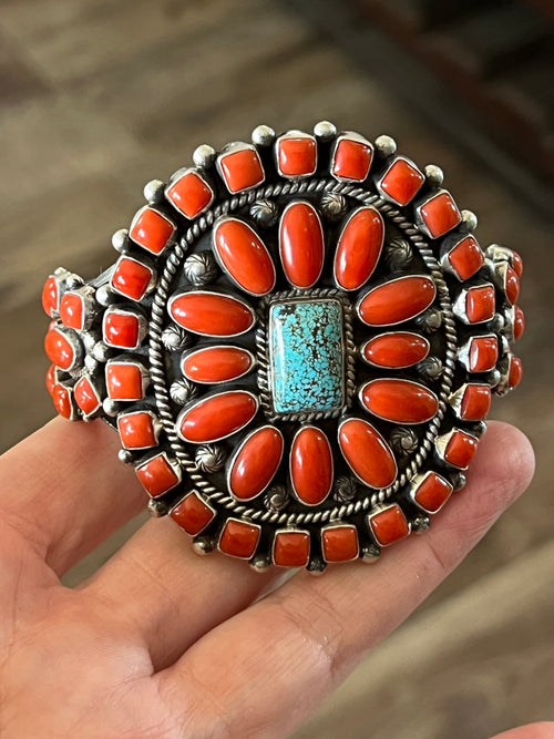 Navajo Sterling Silver, Mediterranean Coral and Spiderweb Kingman Turquoise Cuff Bracelet by Tyler Brown