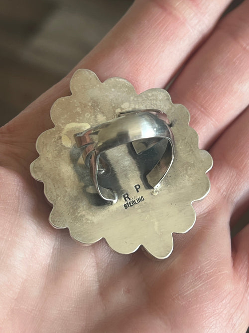 Handcrafted Sterling Silver and Hubei Turquoise Cluster Ring by Rosella Paxson, Size 8.75