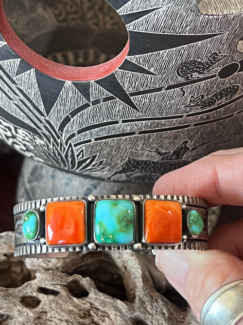 Handcrafted Sterling Silver Electric Rainbow Sonoran Turquoise and Spiny Oyster Stacker Cuff Bracelet by Murphy Platero