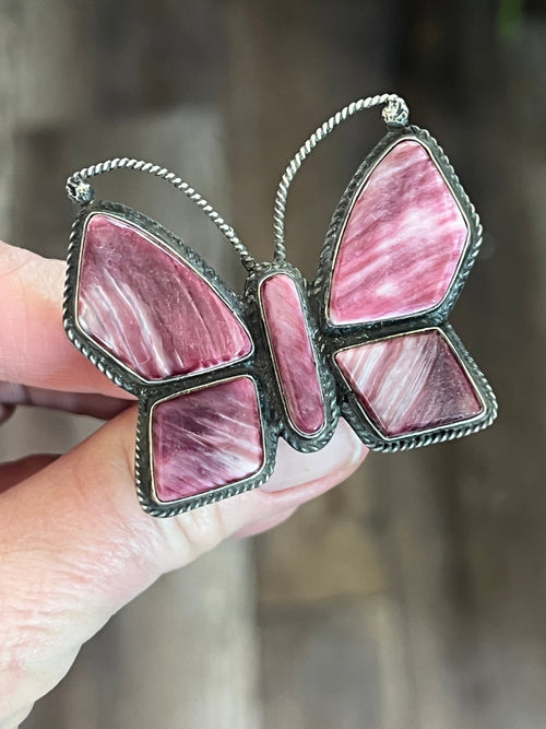 Old Pawn Navajo Sterling Silver and Purple Spiny Oyster Butterfly Ring by Anthony Skeets, Size 11