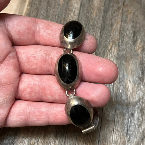 Handmade Old Pawn Sterling Silver & Oval Black Onyx Bracelet