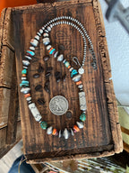 Handcrafted Sterling Silver, Kingman Turquoise and Spiny Oyster Shell Handcrafted Electric Rainbow Beaded Necklace by Rose Martin, 26 + 1 inch