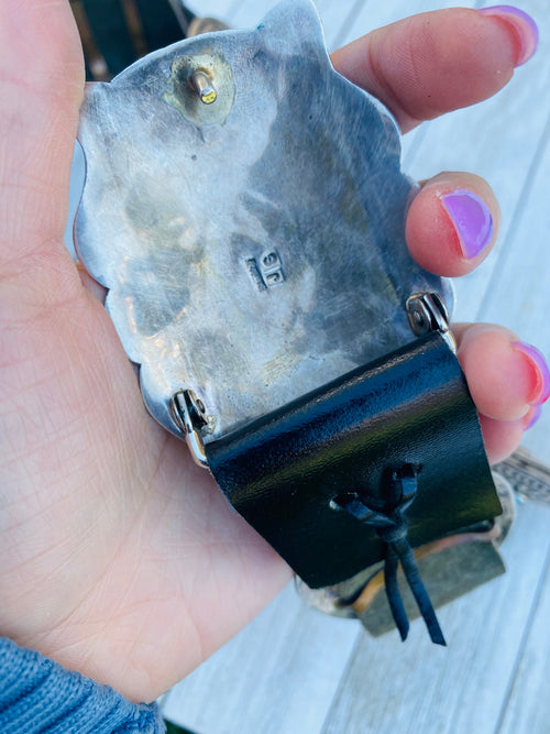 Handcrafted Vintage Black Leather And Sterling Silver Turquoise Concho Belt