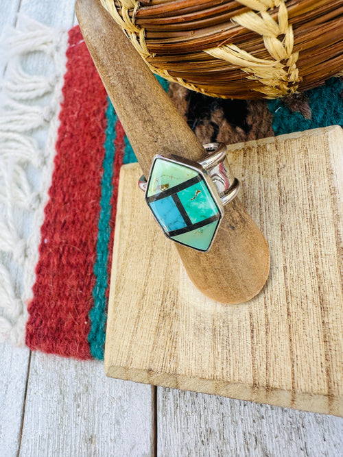 Old Pawn Navajo Sterling Silver, Turquoise & Onyx Inlay Ring Size 6.5