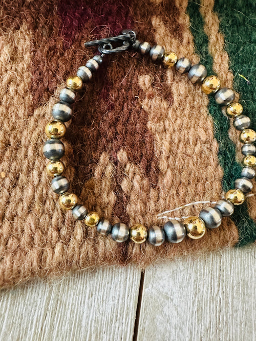 Handcrafted Gold Plated Sterling & Sterling Silver Pearl Beaded Bracelet