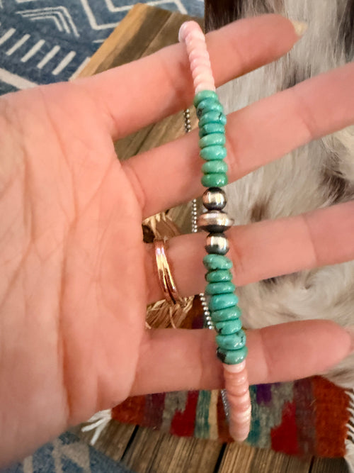 Handcrafted Turquoise, Queen Pink Conch and Sterling Silver Pearl Beaded Necklace