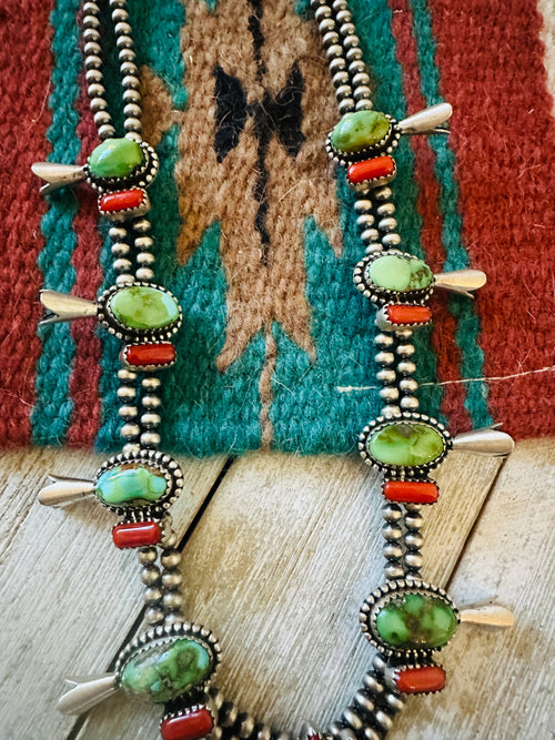 ** Christmas Collection ** Handmade Sterling Silver, Turquoise & Coral Necklace Signed Nizhoni