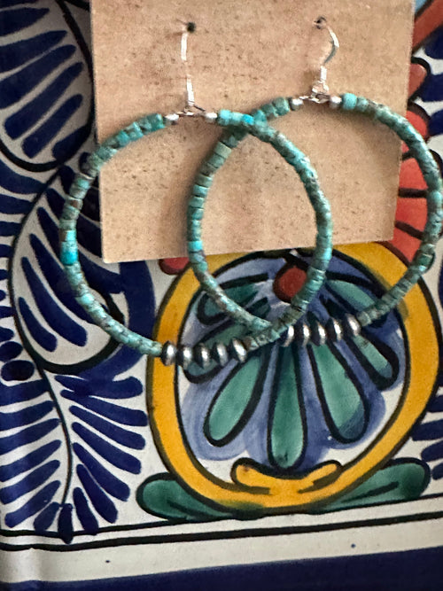 Handcrafted Sterling Silver and Royston Turquoise 2 inch Beaded Hoop Earrings