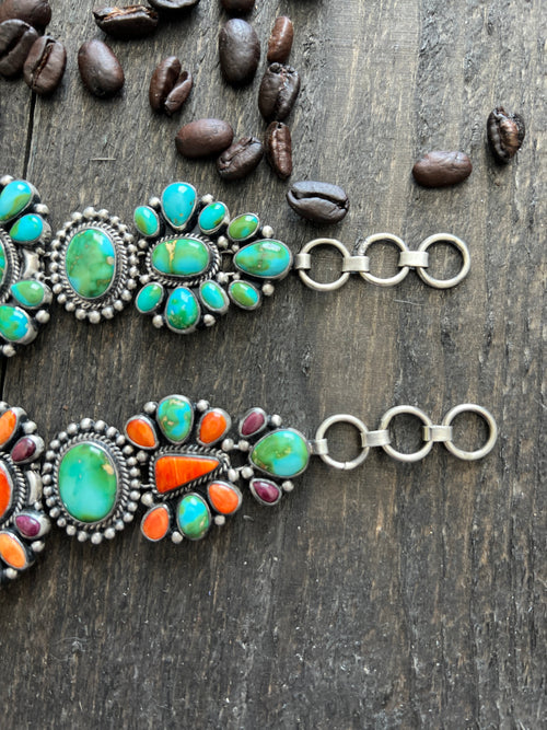 Stunning Sterling Silver, Sonoran Mountain Turquoise and Spiny Oyster Shell Cluster Link Bracelets by Diane Wylie