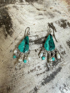 “The Golden Collection” Electric Sky Handmade Turquoise, Mother of Pearl Beaded Surgical Steel Earrings