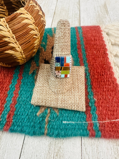 Old Pawn Navajo Sterling Silver & Multi Stone Inlay Ring Size 9.75