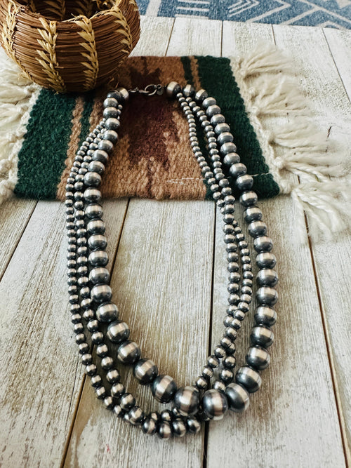 Navajo Sterling Silver Pearl Triple Strand Beaded Necklace