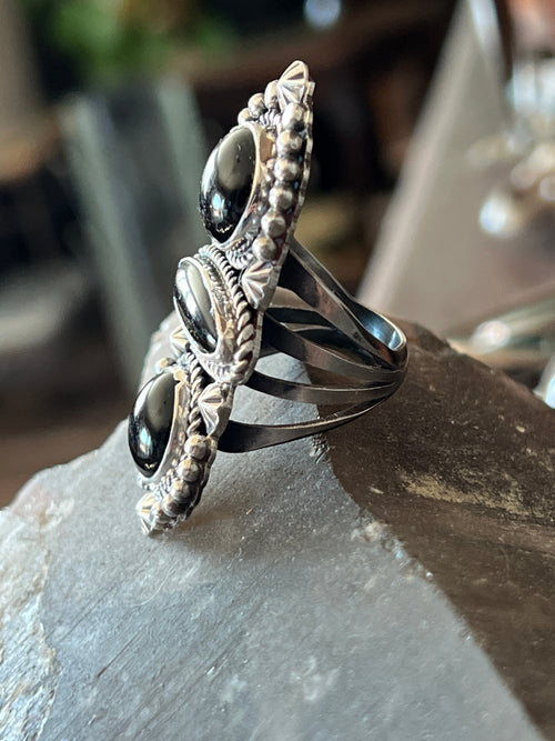 Handcrafted Sterling Silver and Black Onyx Ring by Rosella Paxson, Size 7-1/4