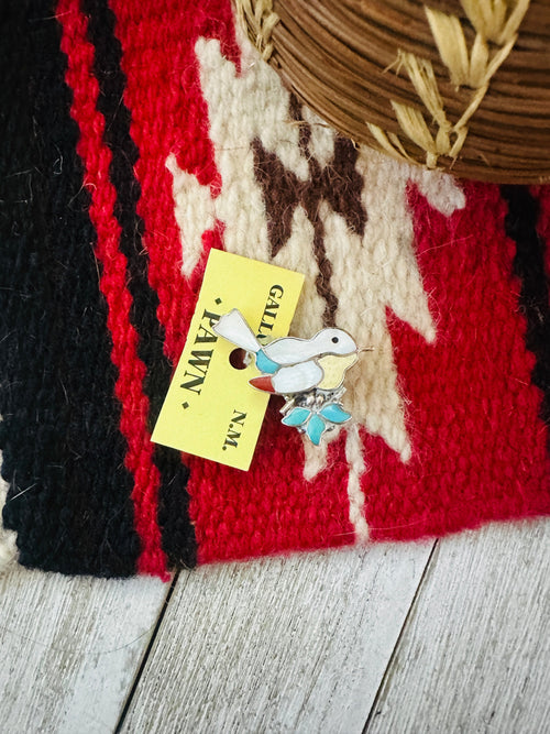 Vintage Old Pawn Multi Stone & Sterling Silver Inlay Bird Brooch/ Pendant