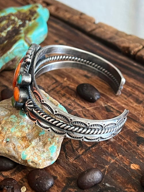 Handcrafted Split Sterling Silver, Sonoran Turquoise & Spiny Oyster Heart Cuff Bracelet by Diane Wylie